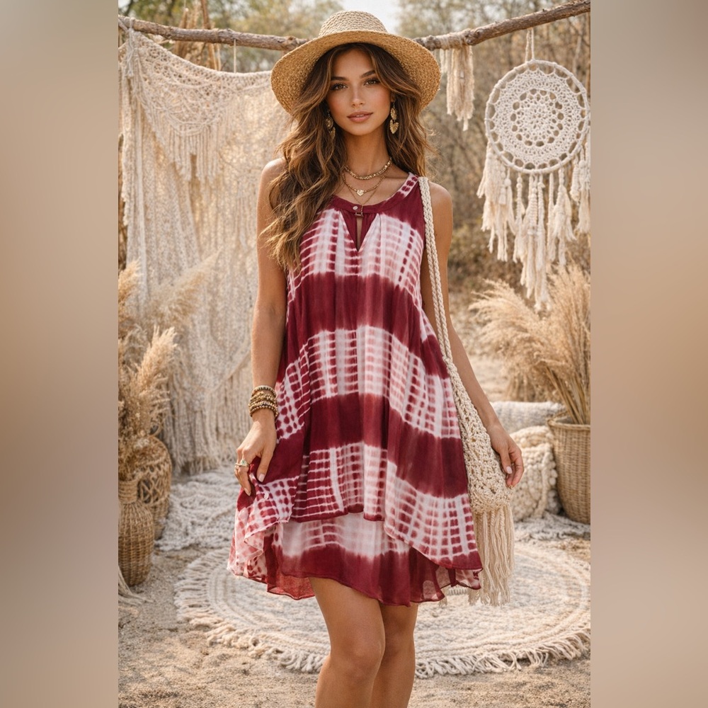 Red Boho Red Tie Dye Pocketed Dress